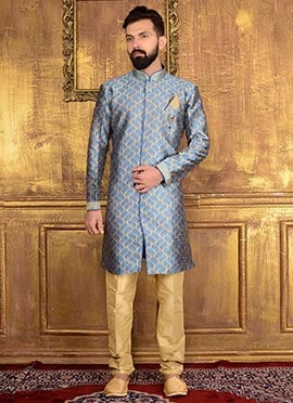 Beige N Blue Art Silk Indowestern Sherwani