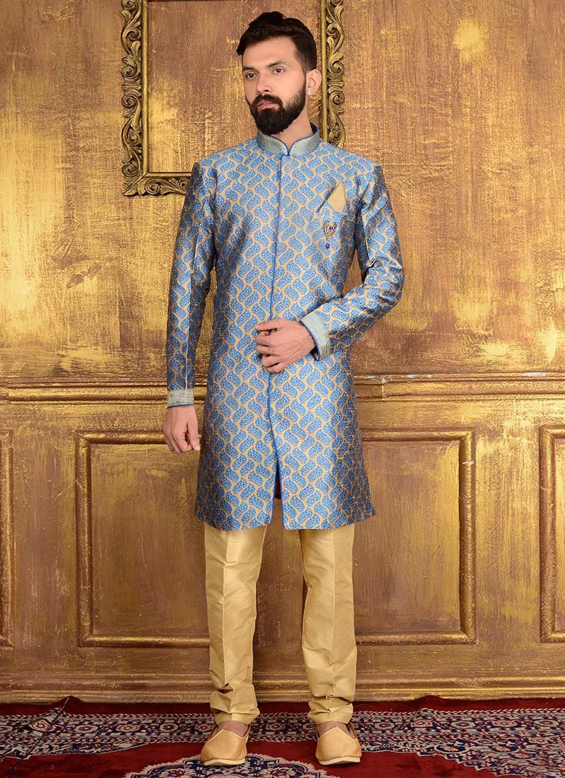 Beige N Blue Art Silk Indowestern Sherwani Wedding Wear