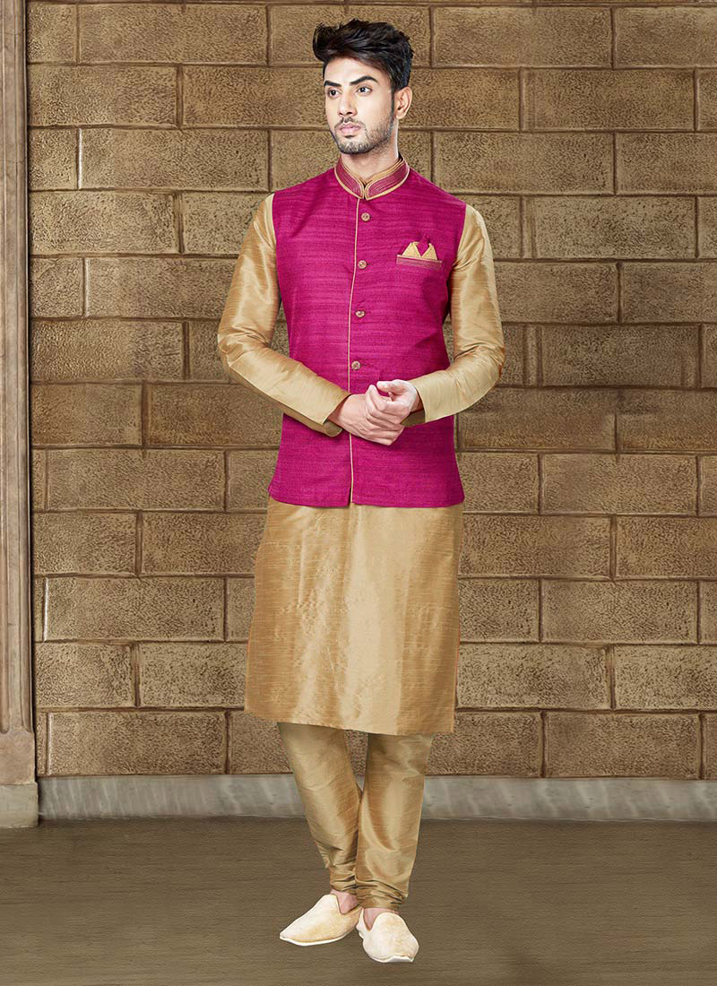 Beige N Magenta Art Silk Bandi Set Party Wear