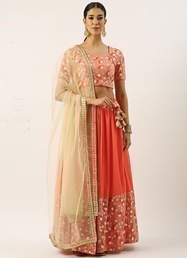 Teen Girls Beige N Orange Embroidered Net Lehenga Set