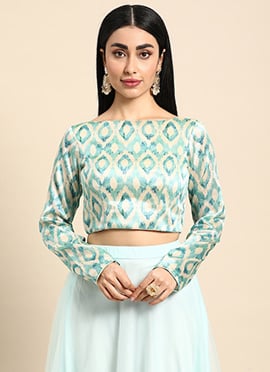 Beige N Sea Green Printed Boat Neck Blouse
