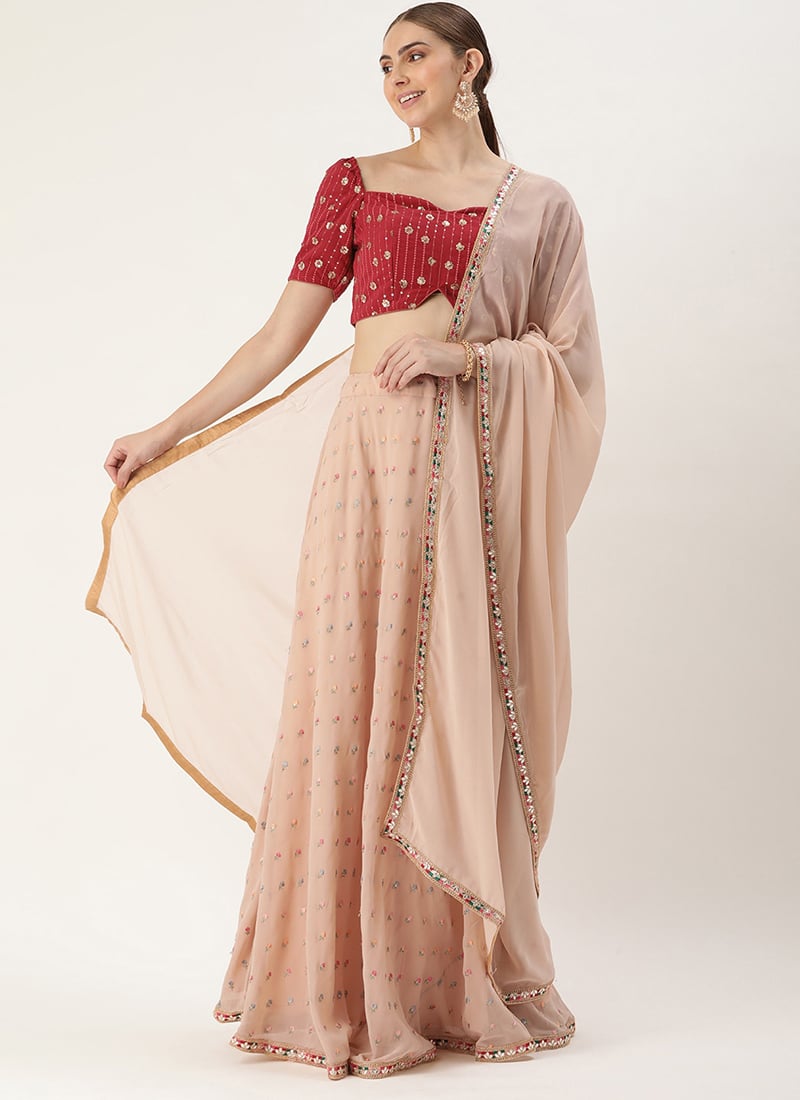 Beige N Teal Georgette Embroidered Lehenga Set Wedding Wear