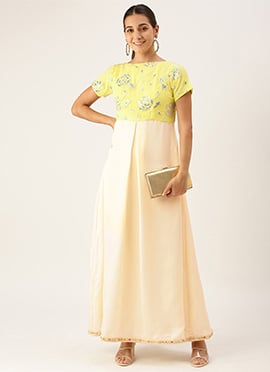 Beige N Yellow Embroidered Pleated Dress