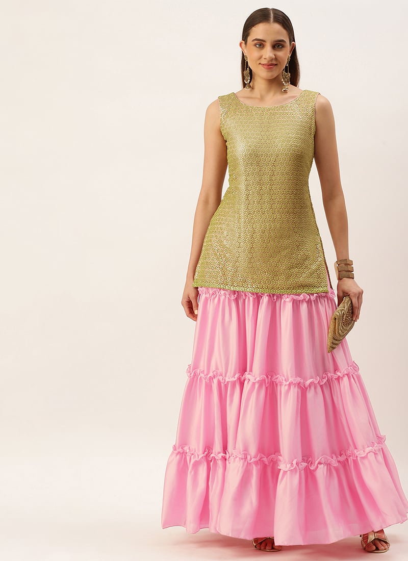 Beige Net Beads Embroidery Skirt and Top Festive Wear