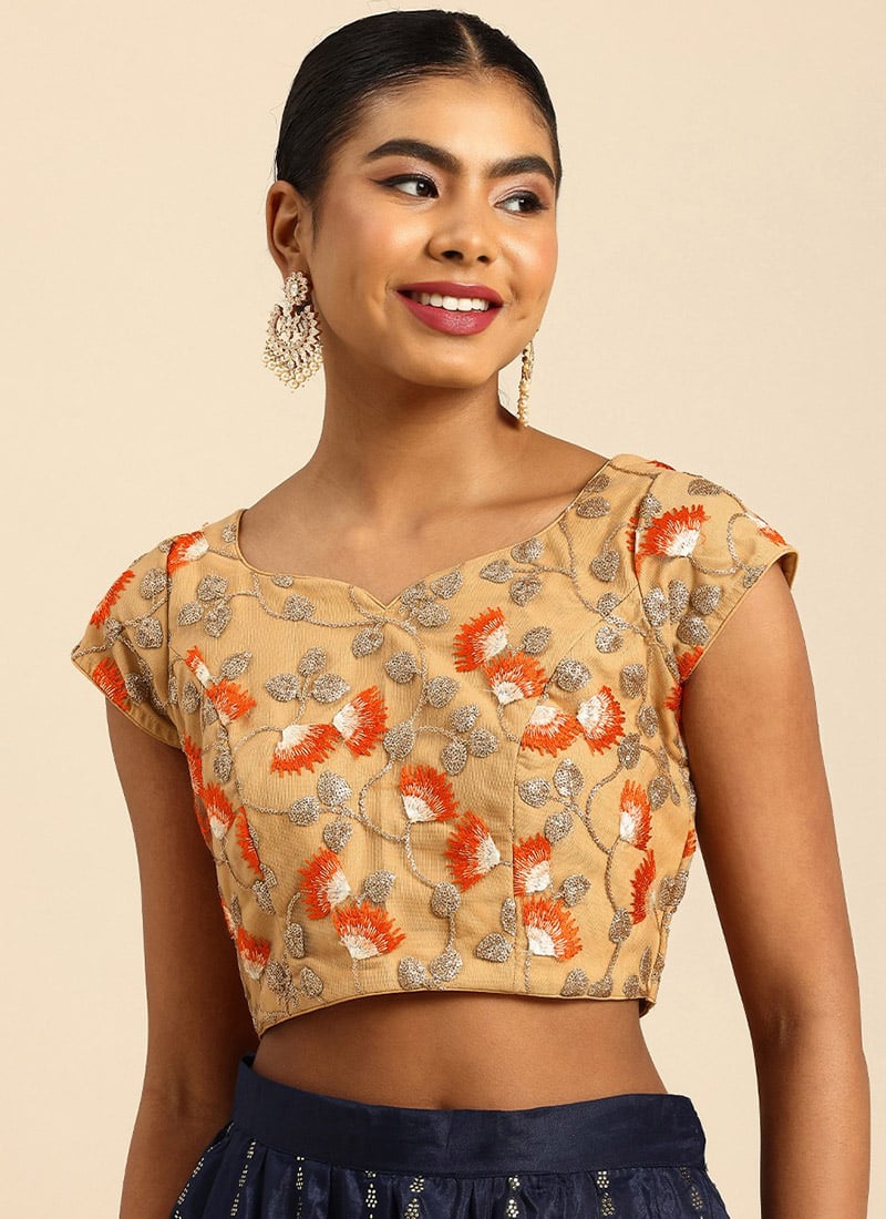 Beige Net Embroidered Blouse Festive Wear