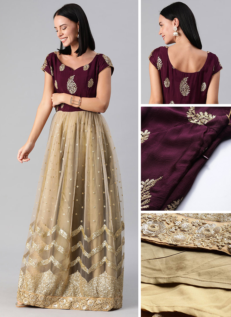 Beige Net Embroidered Gathers Gown Party Wear