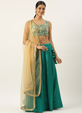 Teen Girls Beige Net Embroidered N Sea Green Satin Lehenga