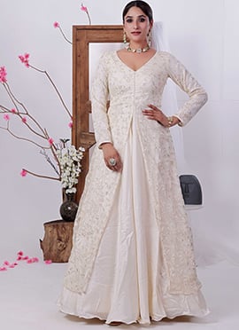 Teen Girls Beige Net Embroidered Satin Gown