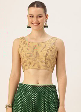 Beige Net Embroidered Sleeveless Blouse