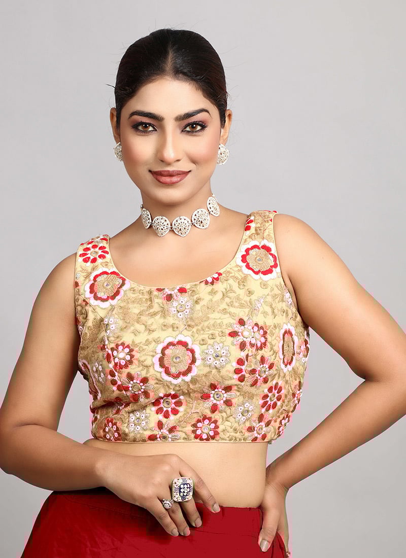 Beige Net Embroidered Sleeveless Blouse