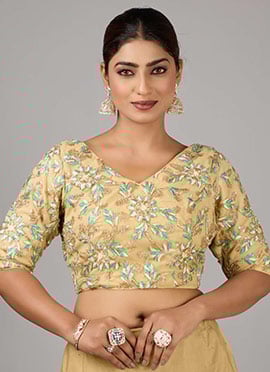 Beige Net Embroidered V Neck Blouse