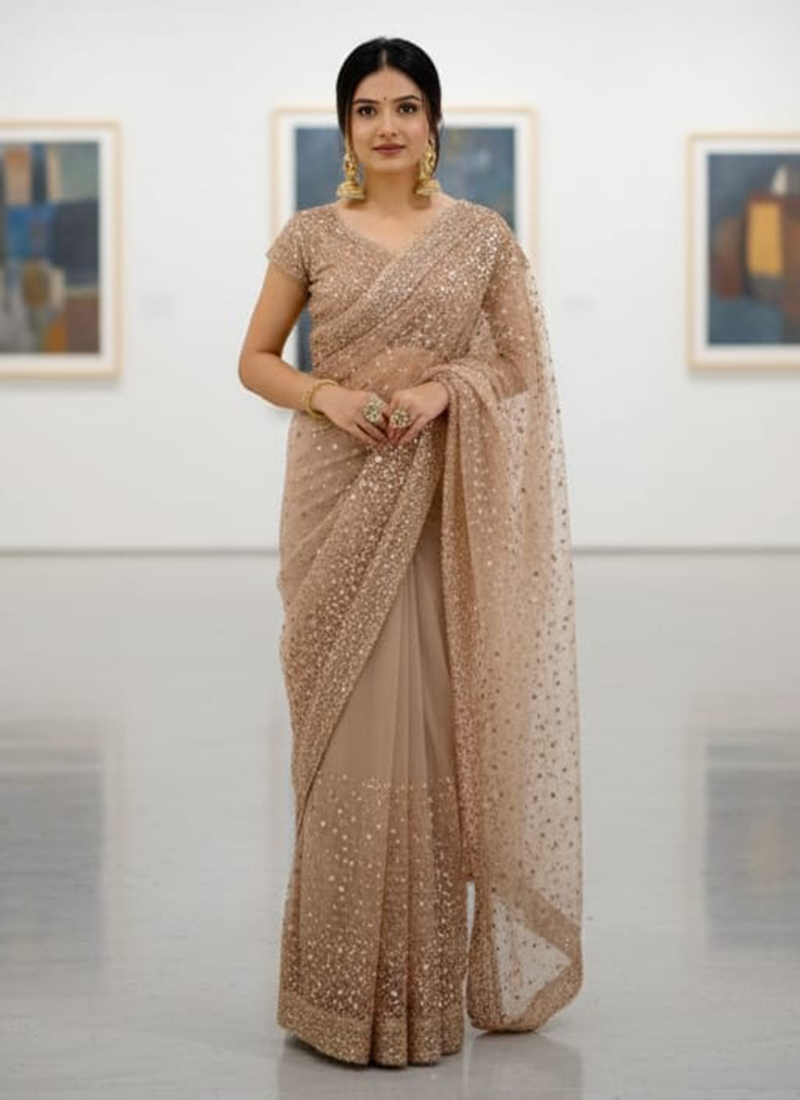 Beige Net Sequins Embroidered Thread coding Saree Festive Wear