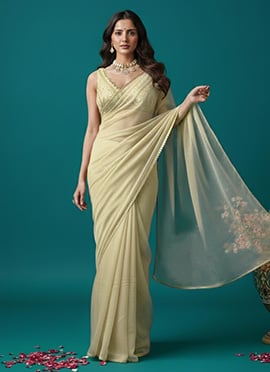 Beige Organza Zari Sequins Hand Embroidered Saree
