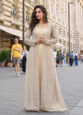 Beige Peach Crepe Silk Embroidered Indowestern Dhoti Set With Jacket