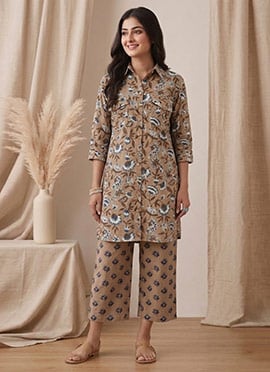 Beige Printed Cotton Kurta Set