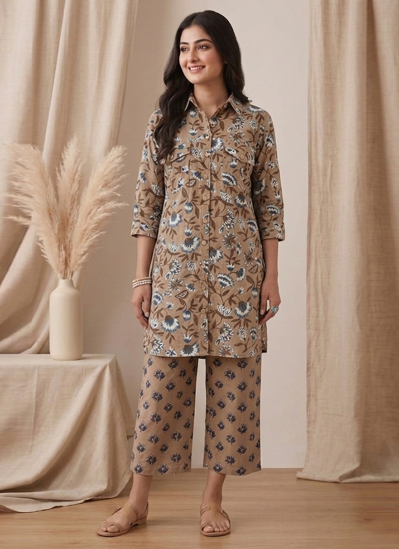 Beige Printed Cotton Kurta Set After Six Wear