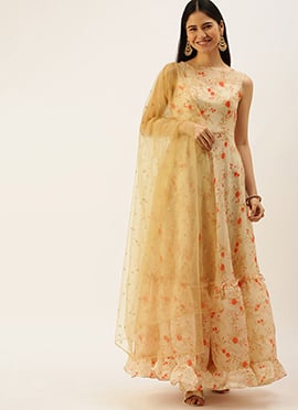 Beige Printed Organza Anarakali Suit