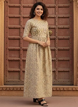 Beige Printed Rayon Boat Neck Maxi Dress