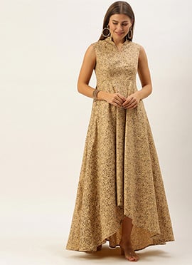 Teen Girls Beige Rayon High N Low Collar Neck Gown