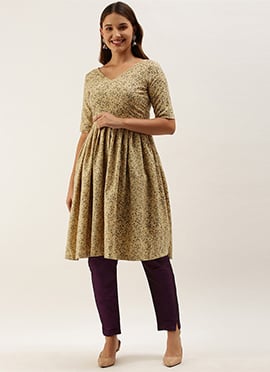 Beige Rayon Kurta Wide Leg Pant Set