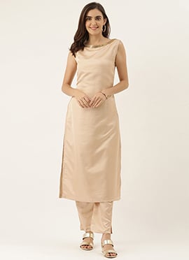 Beige Satin Boat Neck Kurti