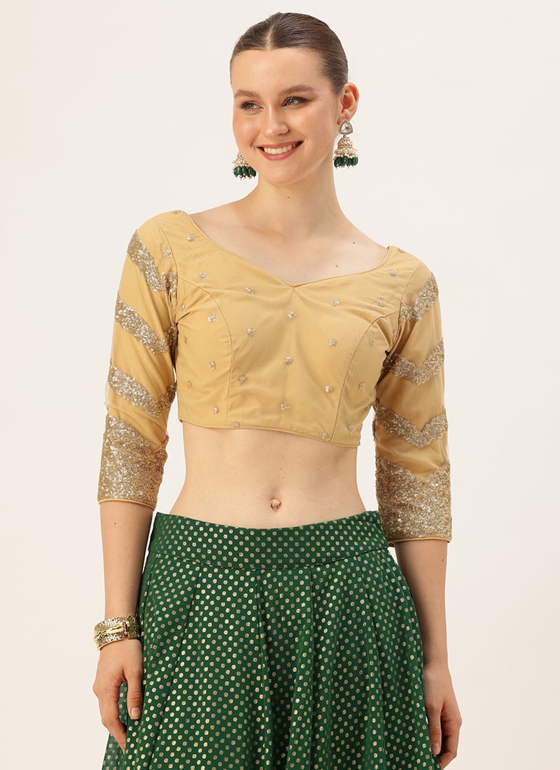Beige Sequins Embroidered Net Blouse Festive Wear