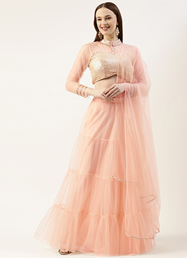 Beige Sequins Embroidered Tiered Lehenga Set