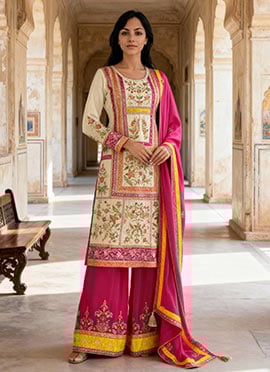 Beige Shimmer Silk Embroidered Stone Work Pakistani Palazzo Suit