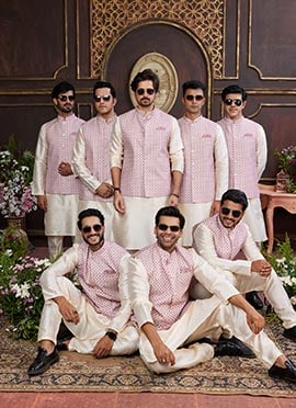 Beige Silk Digital Print Bandi Set Festive Wear