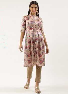 Teen Girls Beige Silk Digital Printed Kurti