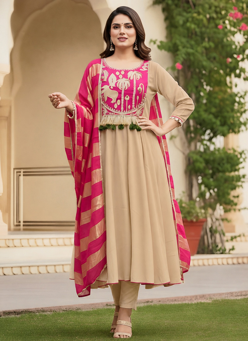 Beige Silk Embroidered Anarkali Suit Festive Wear