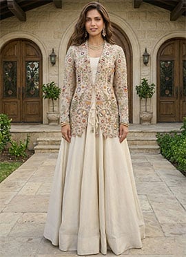 Beige Silk Embroidered Sequins Beads And Stones Work Jacket Gown