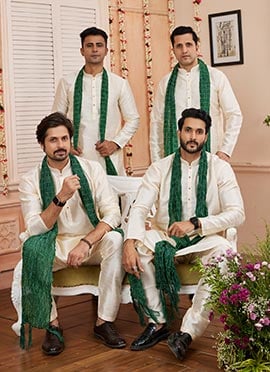 Beige Silk Kurta Pyjama With Stole For Men Festive Wear