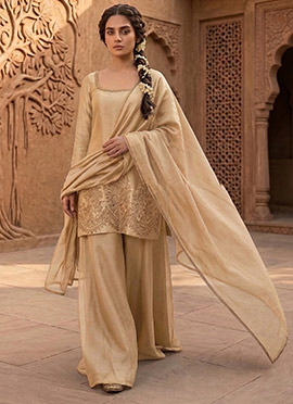 Beige Silk Zari Sequins Palazzo Suit