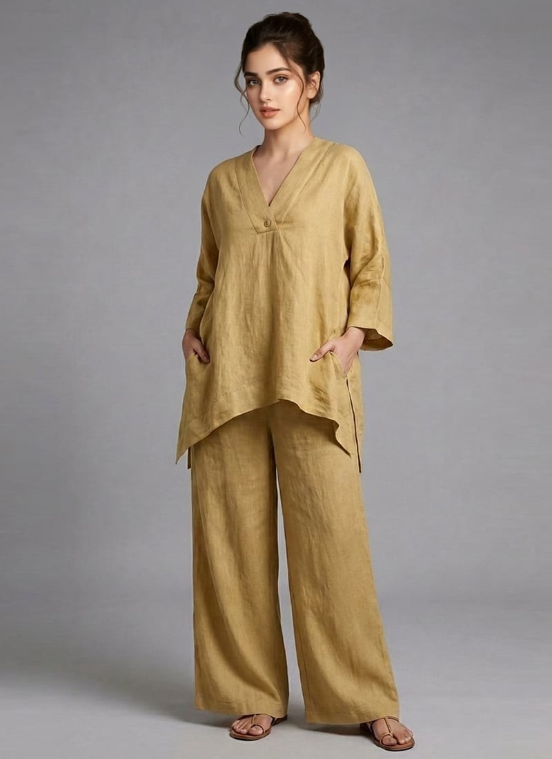 Beige Sunlit Drape Cotton Co Ord Set After Six Wear