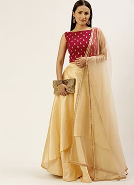 Beige Taffeta N Magenta Layered Lehenga