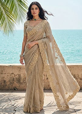 Beige Tissue Silk Resham Sequins Embroidered Stones Beads Zari Saree