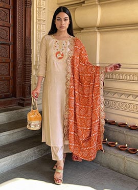 Beige Viscose Embroidered Straight Pant Suit With Bandhani Dupatta