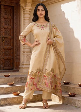 Beige Viscose Silk Embroidered Beads Printed Straight Pant Suit