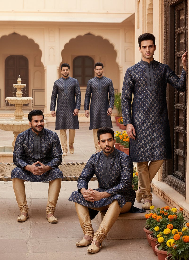Berry Blue Jacquard Silk Kurta Pyjama Party Wear