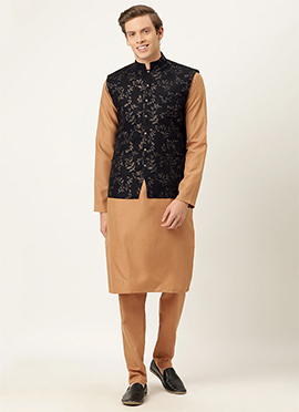 Black And Beige Rayon Printed Bandi Set