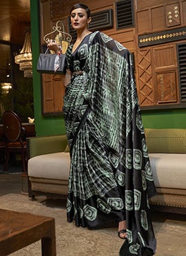 Black And Pista Green Color Printed Work Crepe Satin Saree
