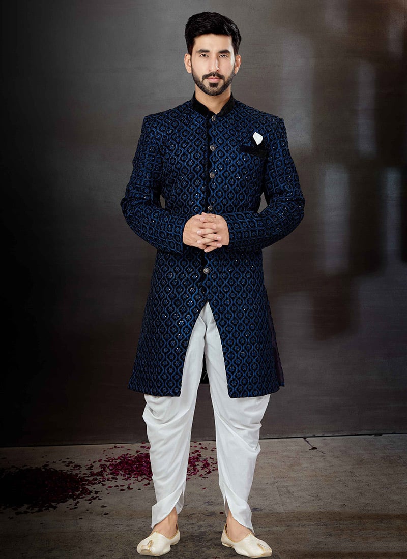 Blue Art Silk Embroidery Indowestern Sherwani Party Wear