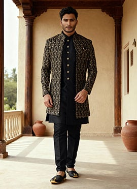 Black Banarasi Silk Embroidered Indowestern Sherwani