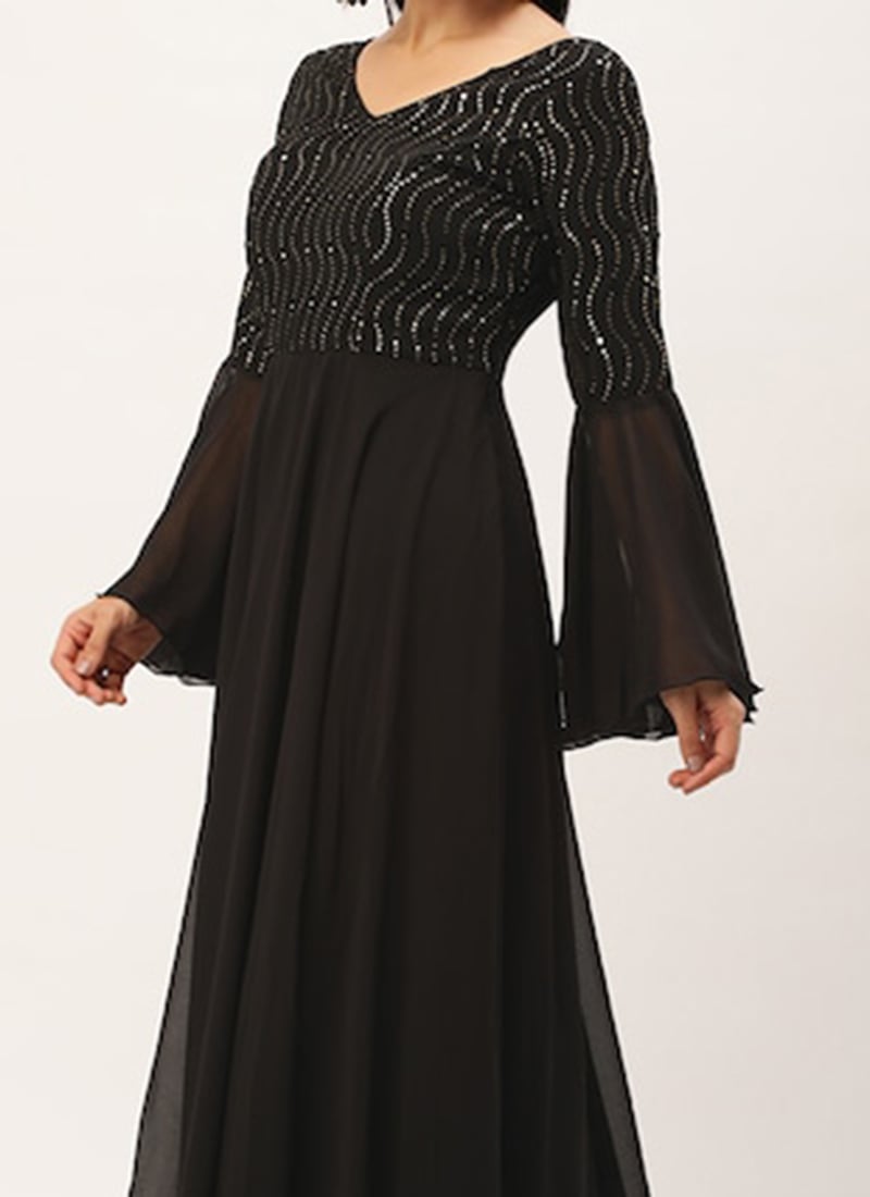 Shop Black Bell Sleeves Embroidered Gown Festive Wear Online at Best