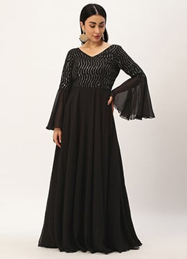 Black Bell Sleeves Embroidered Gown
