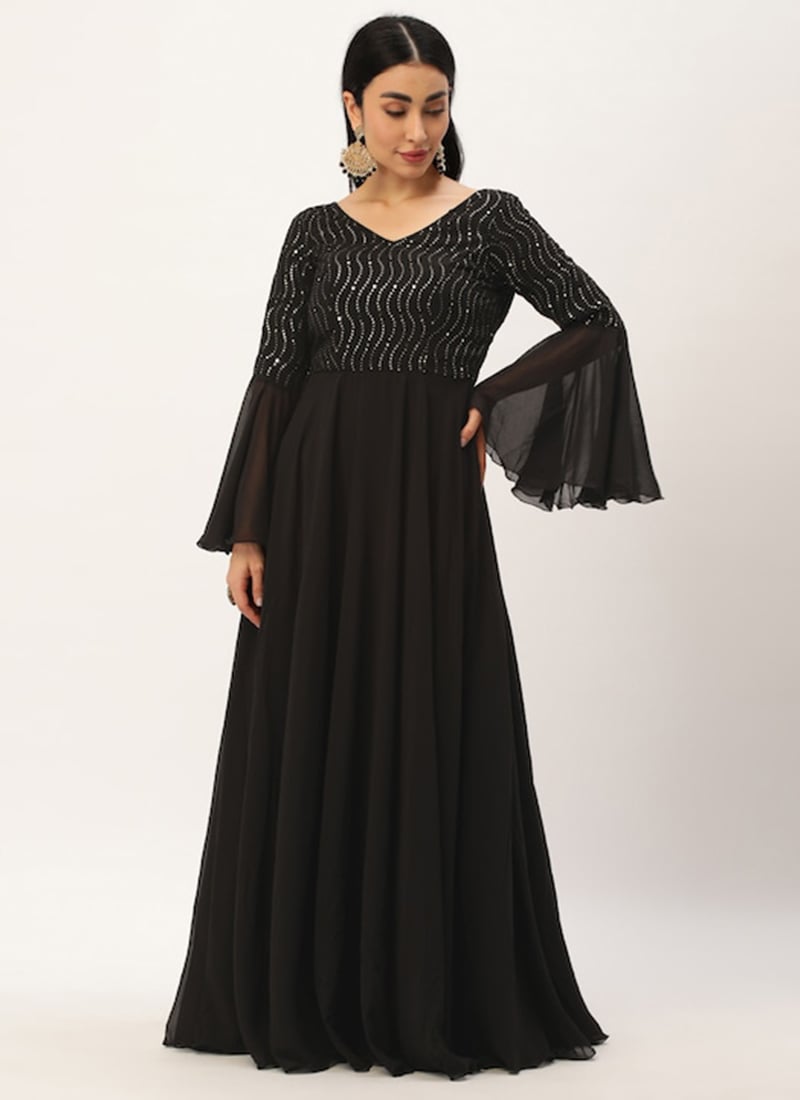 Black Bell Sleeves Embroidered Gown Festive Wear