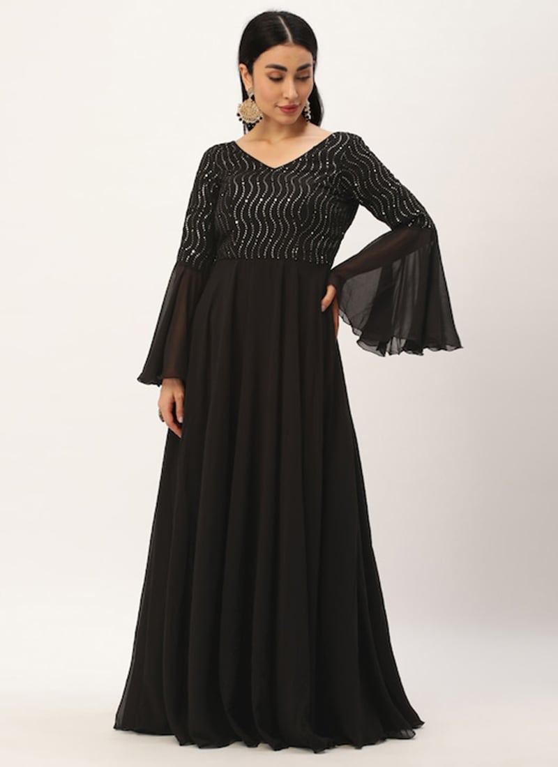 Bell Sleeve Beaded Evening Gown - Elegant Threads