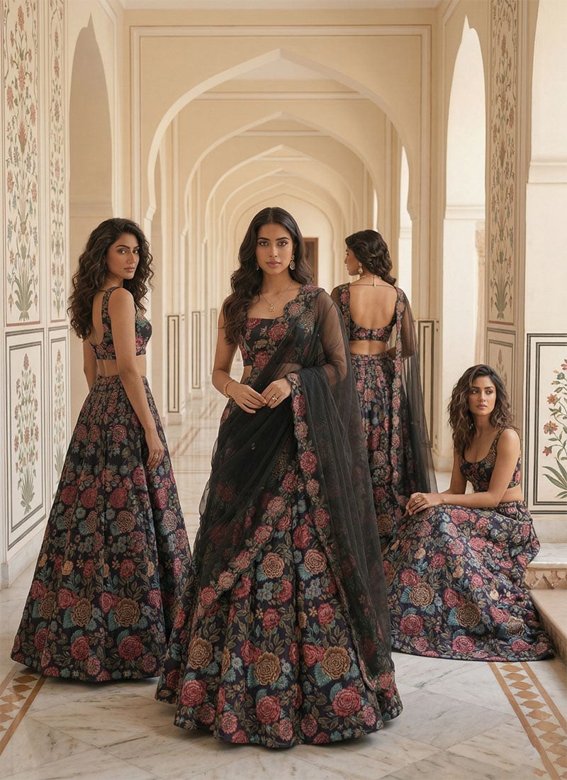 Black Bhagalpuri Silk Printed Floral Print Umbrella Lehenga After Six Wear