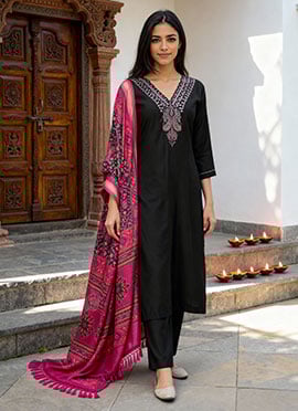 Black Blended Cotton Embroidered Straight Pant Suit With Patola Print Dupatta